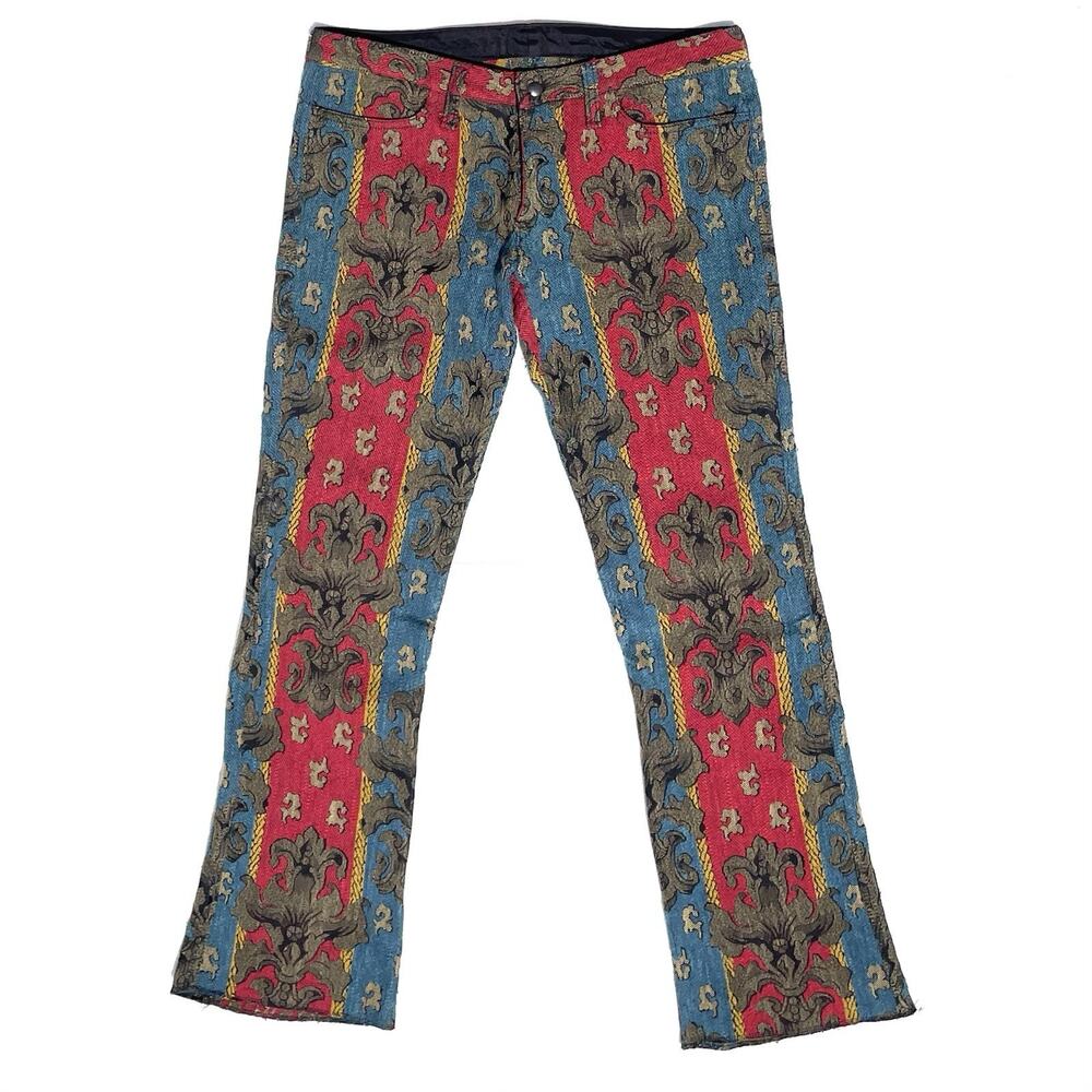 Y2K Lip Service Jacquard Tapestry Low Rise Pants Womens Large Red Blue USA